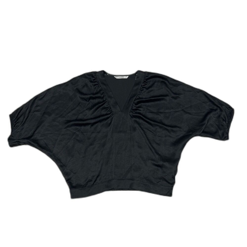 Summum Top Women's 40 Large Black Short Dolman Sleeve Blouse Satin V Neck